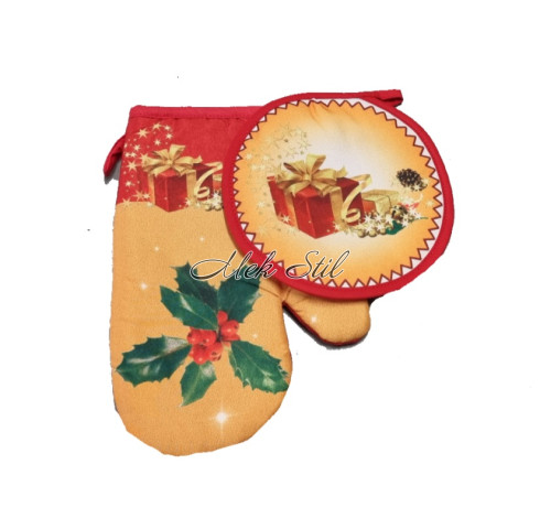Комплект коледен текстил ръкавица с ръкохватка - Коледна свещичка 